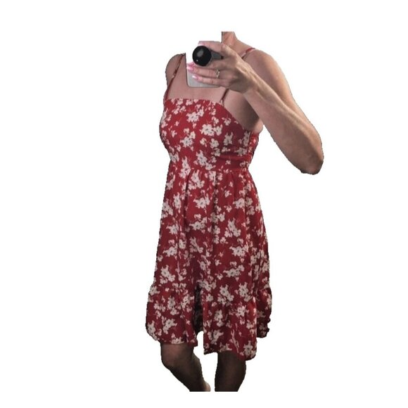 SHEIN Red & White Sleeveless Floral Print Ruffle Hem Cami Dress Size S - Picture 3 of 11